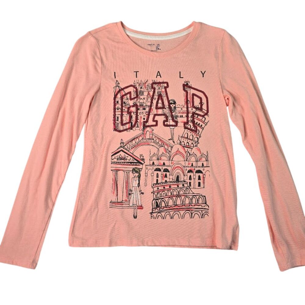 Gap Girls Peach Long Sleeve Shirt XL Italy Scene Logo Spellout Crew Neck Stretch